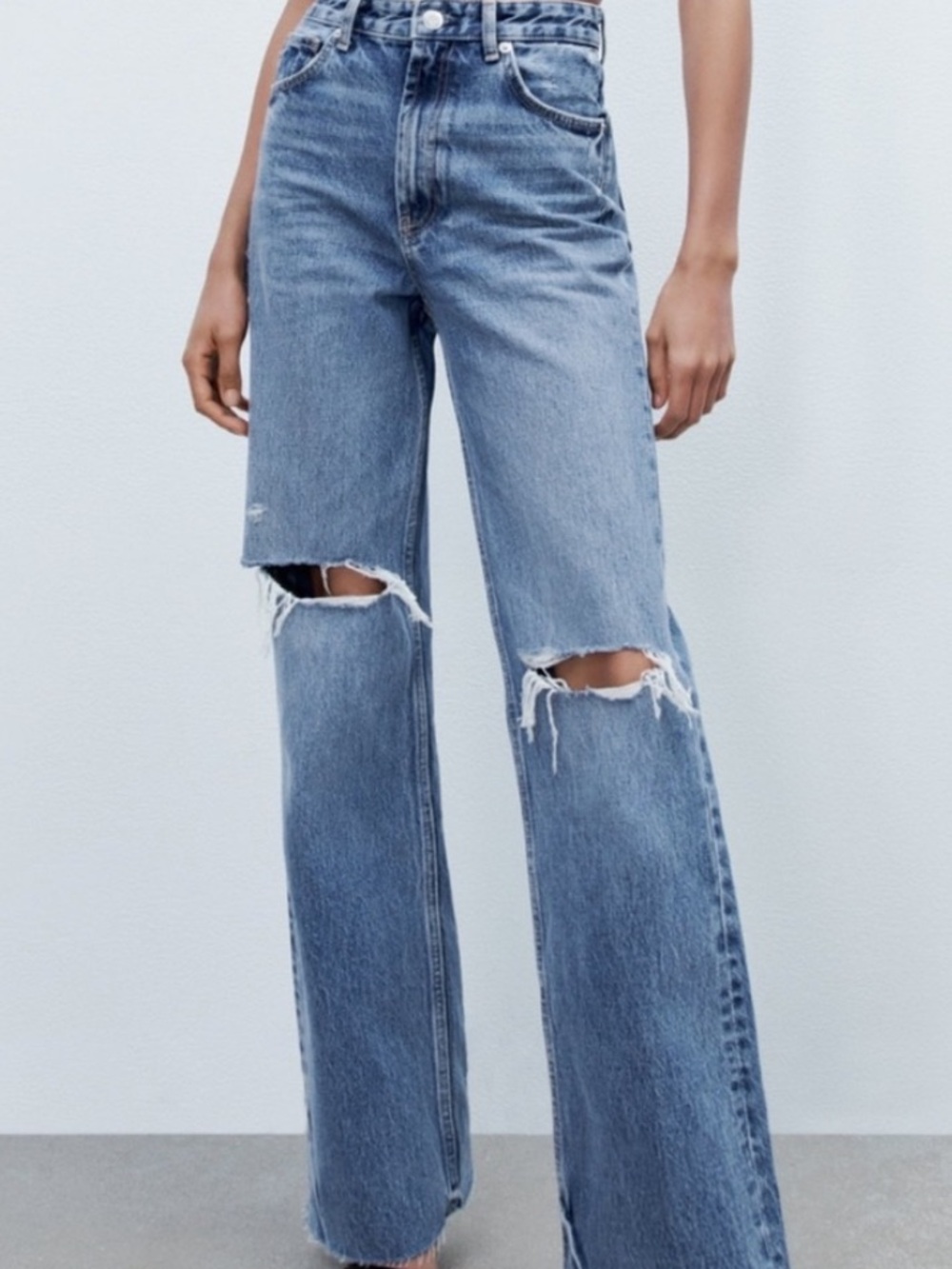 Zara Medium Blue High-Rise Wide-Leg Distressed Jeans